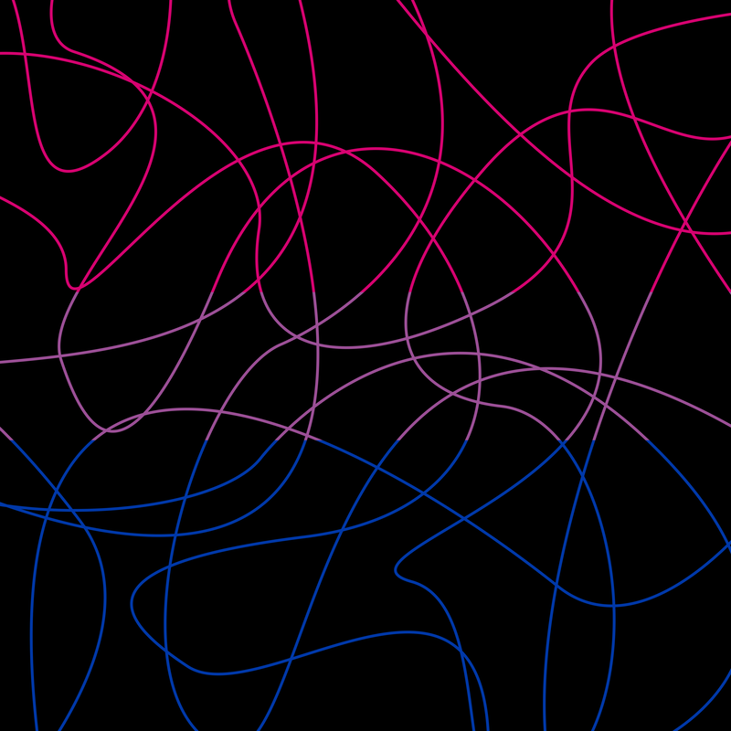 A black background covered with graceful, swooping threads in the colors of the bisexual pride flag