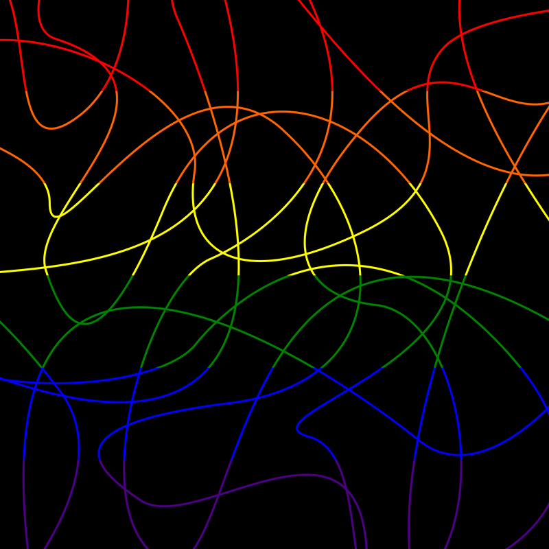 A black background covered with graceful, swooping threads in the colors of the LGBTQ pride flag