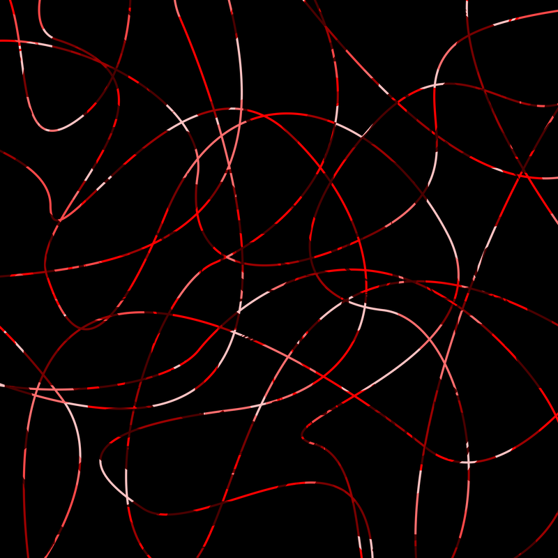 A graceful, abstract weave of dappled red threads on a black background
