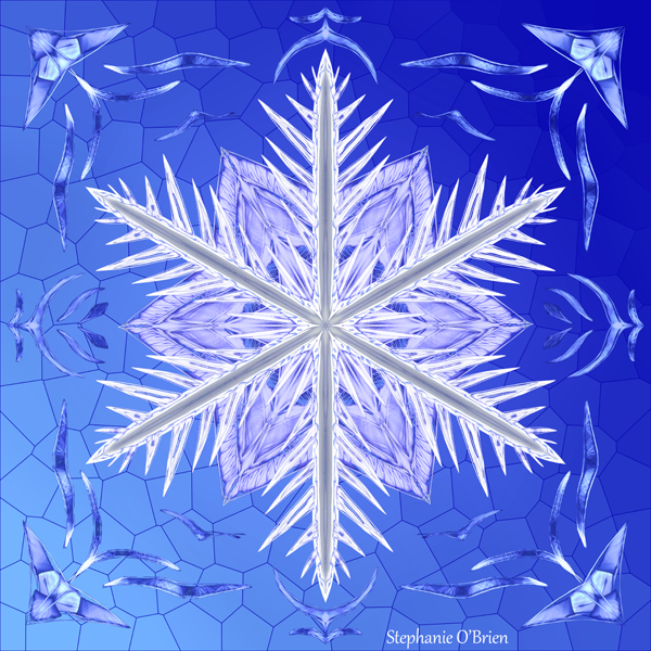 A spiky white snowflake on a cracked blue background.
