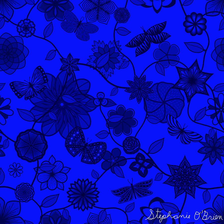 A garden of flowers and butterflies in shades of blue.