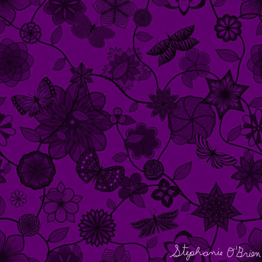 A garden of flowers and butterflies in shades of purple.