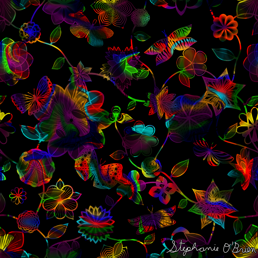 A garden of flowers and butterflies in all the colors of the rainbow, on a background of black.