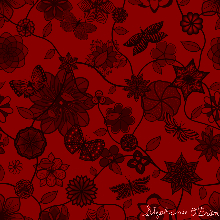 A garden of flowers and butterflies in shades of red.