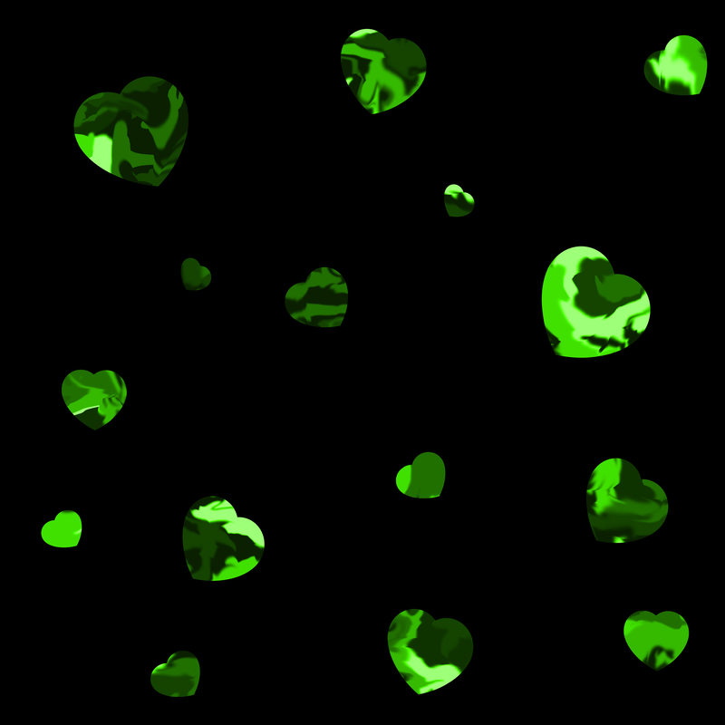 A scattering of dappled green hearts on a black background.