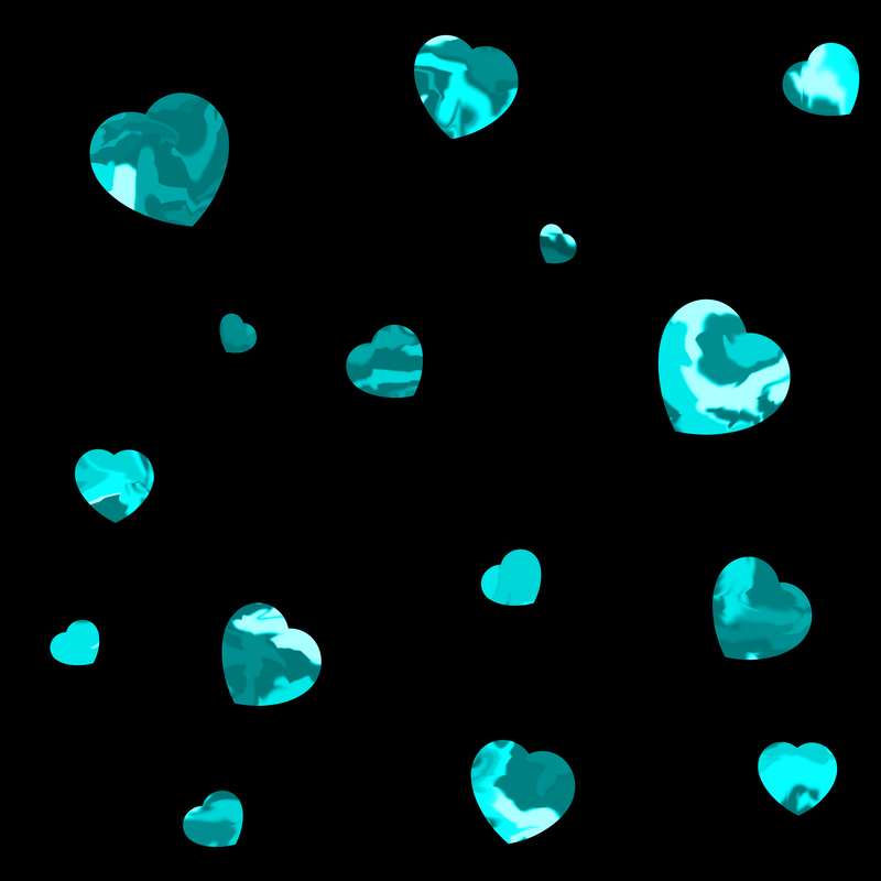 A scattering of dappled blue hearts on a black background.