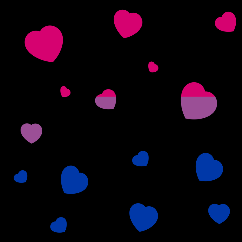A black background with heart cutouts in the colors of the bisexual flag