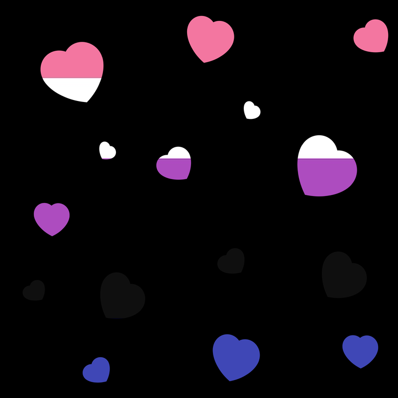 A black background with heart cutouts in the colors of the genderfluid flag