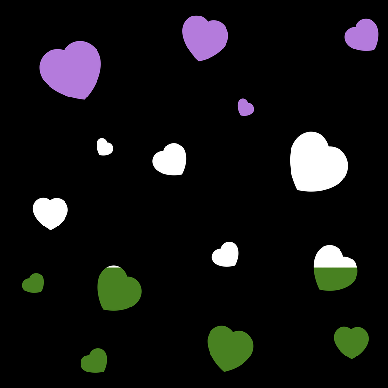 A black background with heart cutouts in the colors of the genderqueer flag