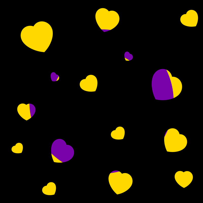 A black background with heart cutouts in the colors of the intersex flag