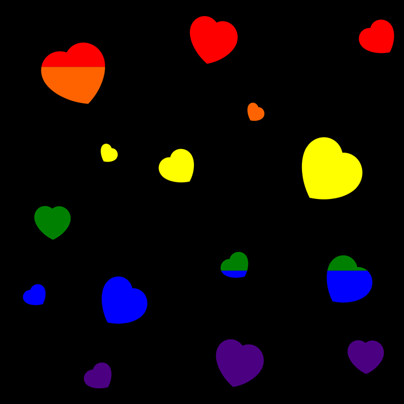 A scattering of hearts in the colors of the LGBTQ flag, on a black background.