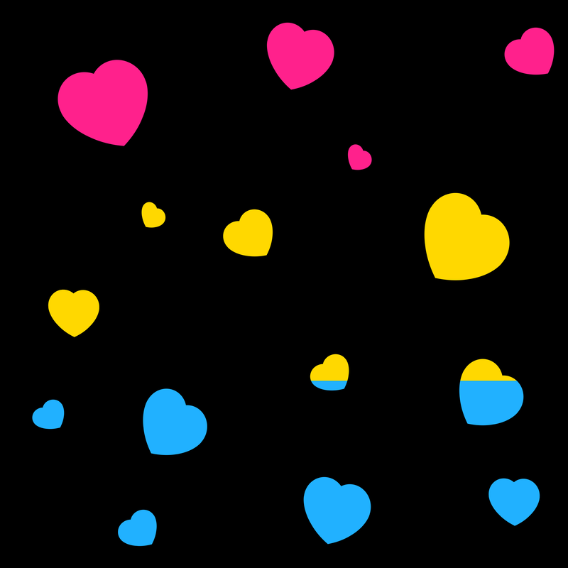 A black background with heart cutouts in the colors of the pansexual flag