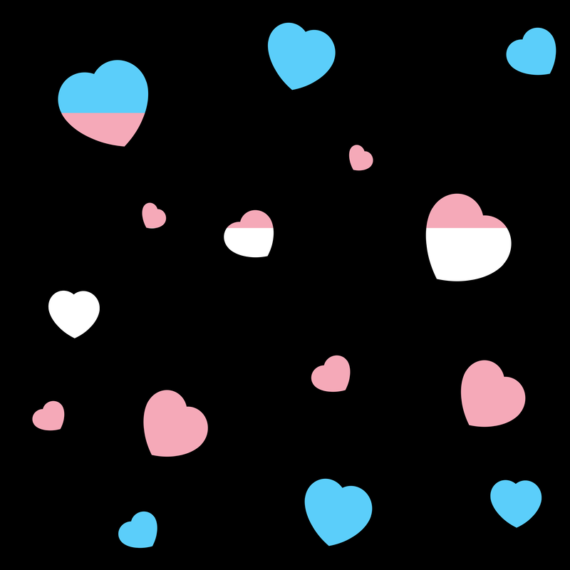 A black background with heart cutouts in the colors of the transgender flag