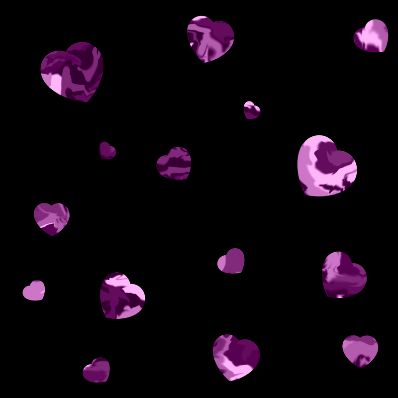 A scattering of dappled purple hearts on a black background.
