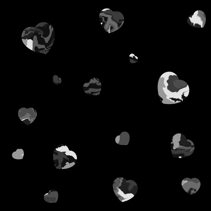 A scattering of dappled silver hearts on a black background.