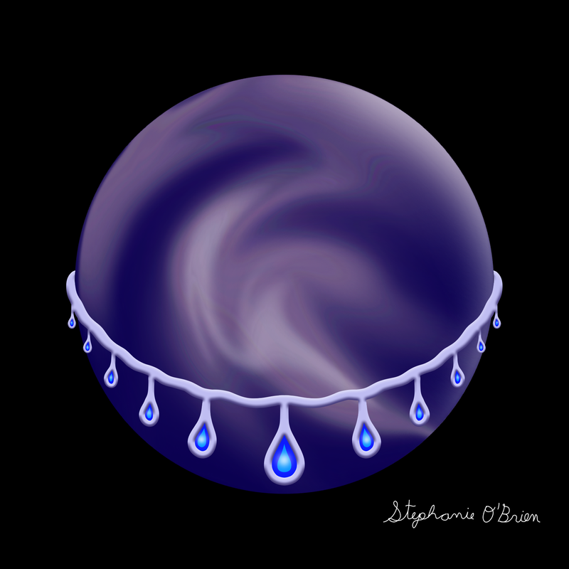 A dark blue planet with swirling grey clouds, cradled in a silver frame with blue teardrop jewels