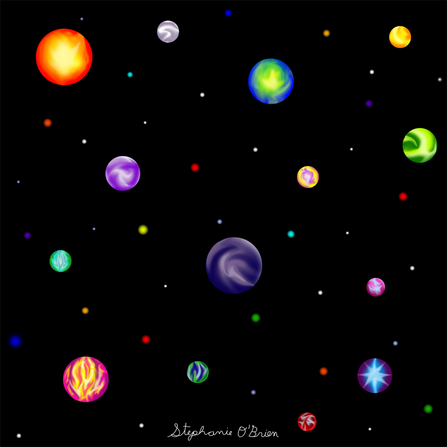 An assortment of fantasy planets floating in space