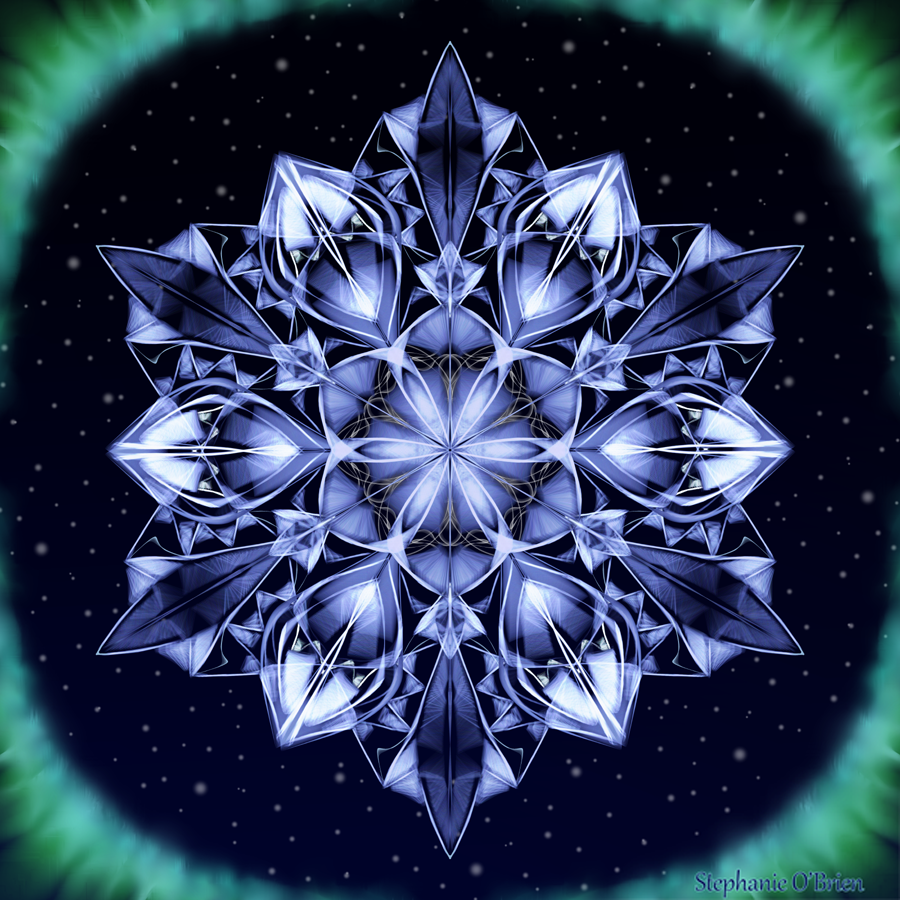A blue and white snowflake hovers in space, surrounded by a ring of blue-green auroras.