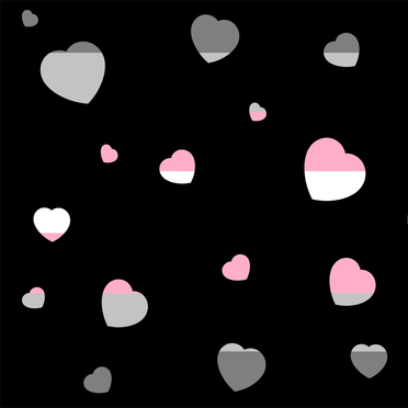 Floating hearts in the colors of the demigirl pride flag, on a black background.