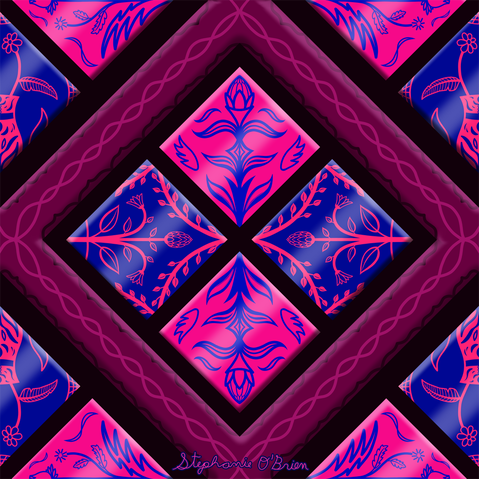 A diamond-shaped floral tile pattern in blue, purple and pink.