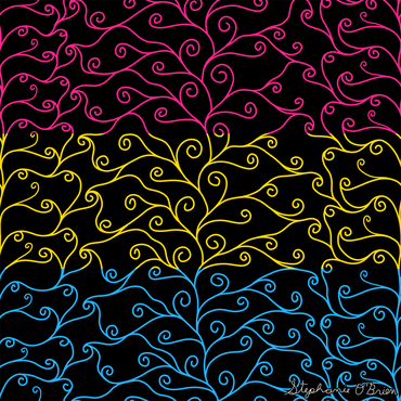 A series of elegant swirls in the colors of the pansexual flag.