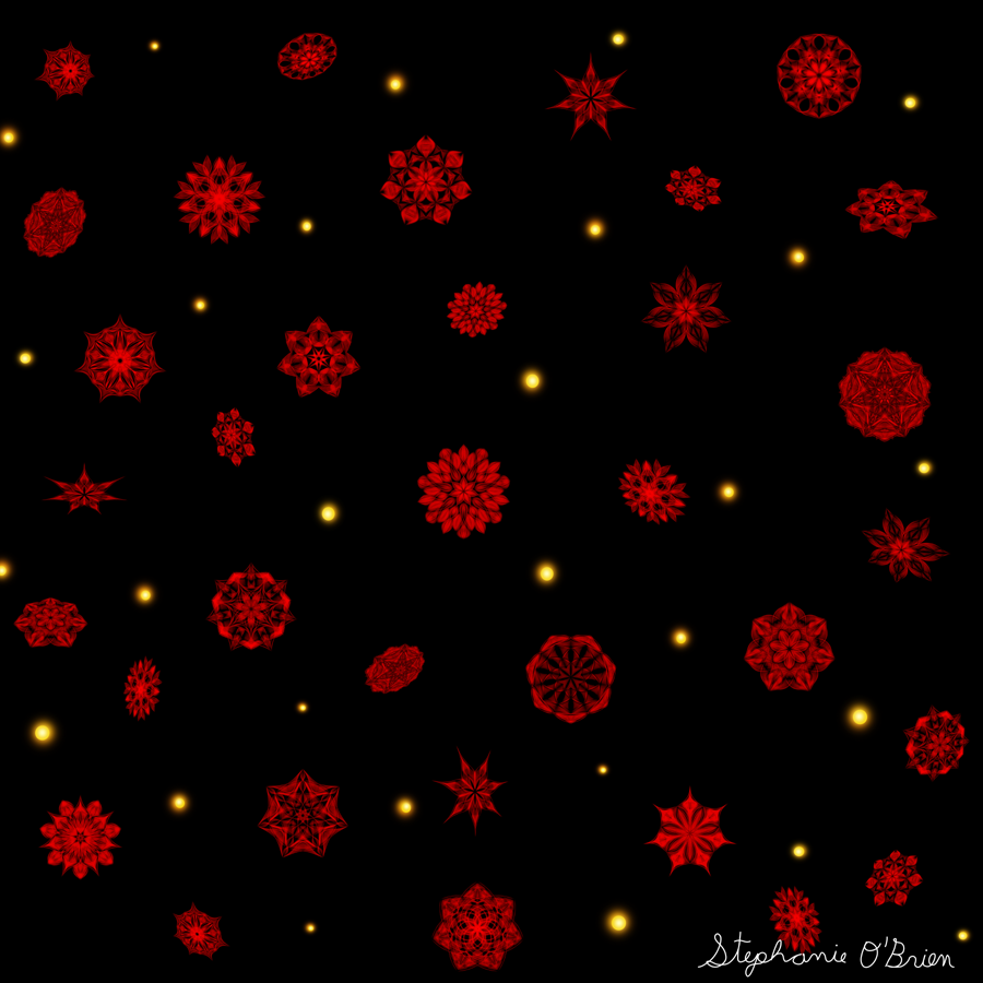 Red snowflakes and golden sparks scattered across a black background.