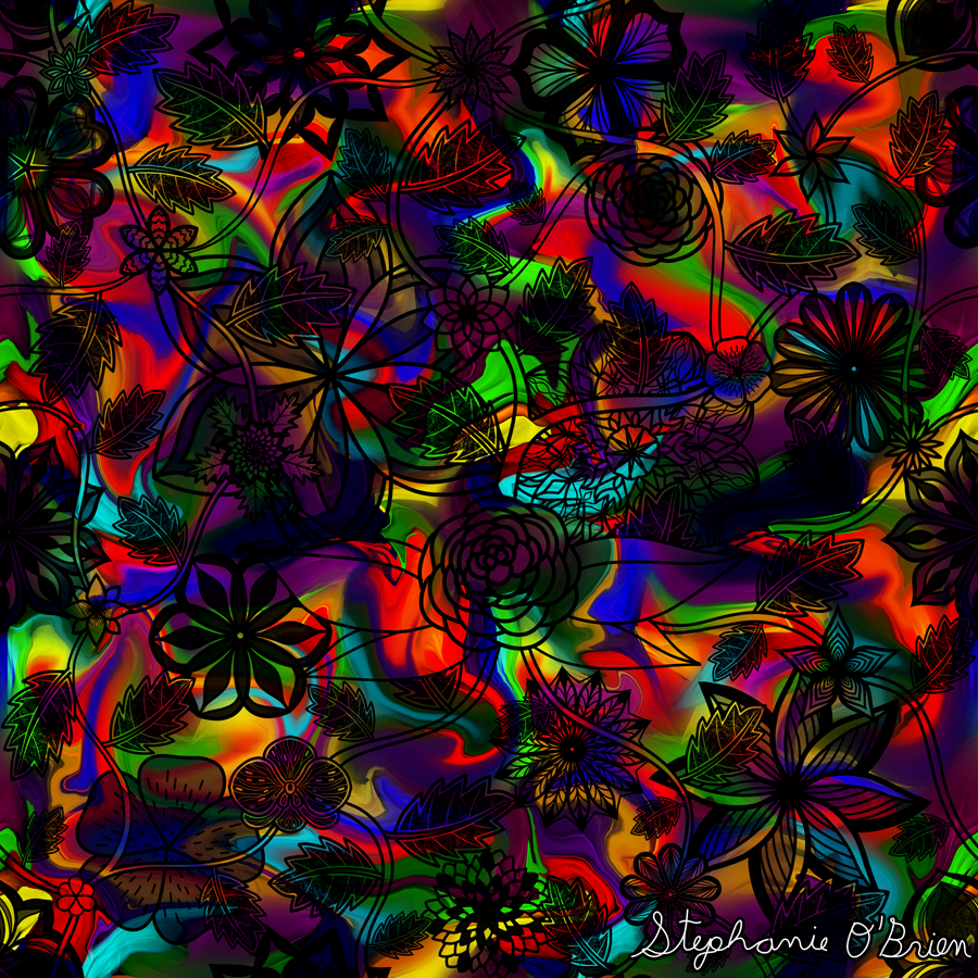 A garden of fantastical flowers in shades of black and grey, on a liquefied rainbow background.