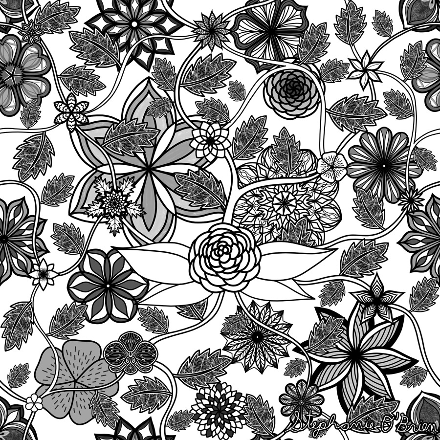 A garden of fantastical flowers in shades of black and grey, on a white background.