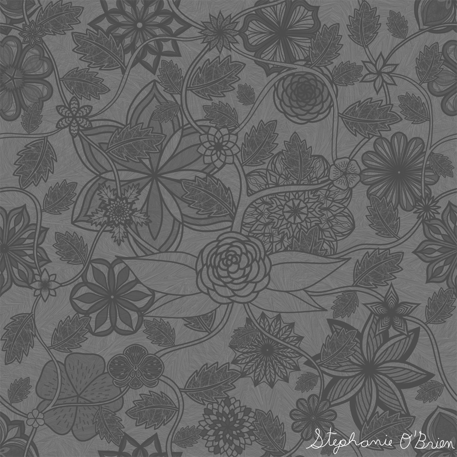 A garden of fantastical flowers in shades of grey.