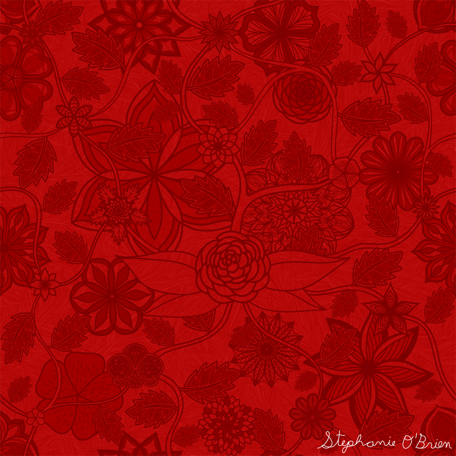 A garden of fantastical flowers in shades of red.