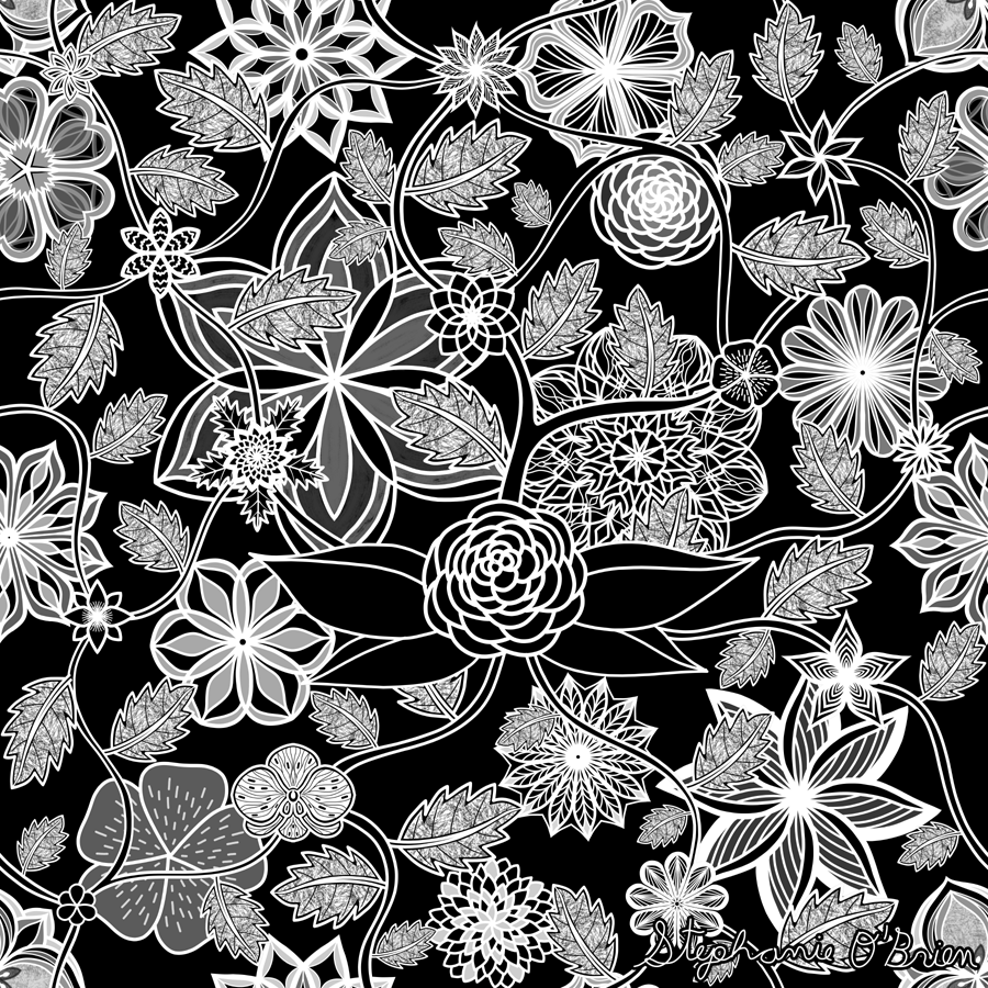 A garden of flowers and butterflies in shades of grey and black, on a white background.