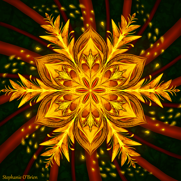 A fiery snowflake, spinning and throwing sparks among leaves and curving tree trunks.