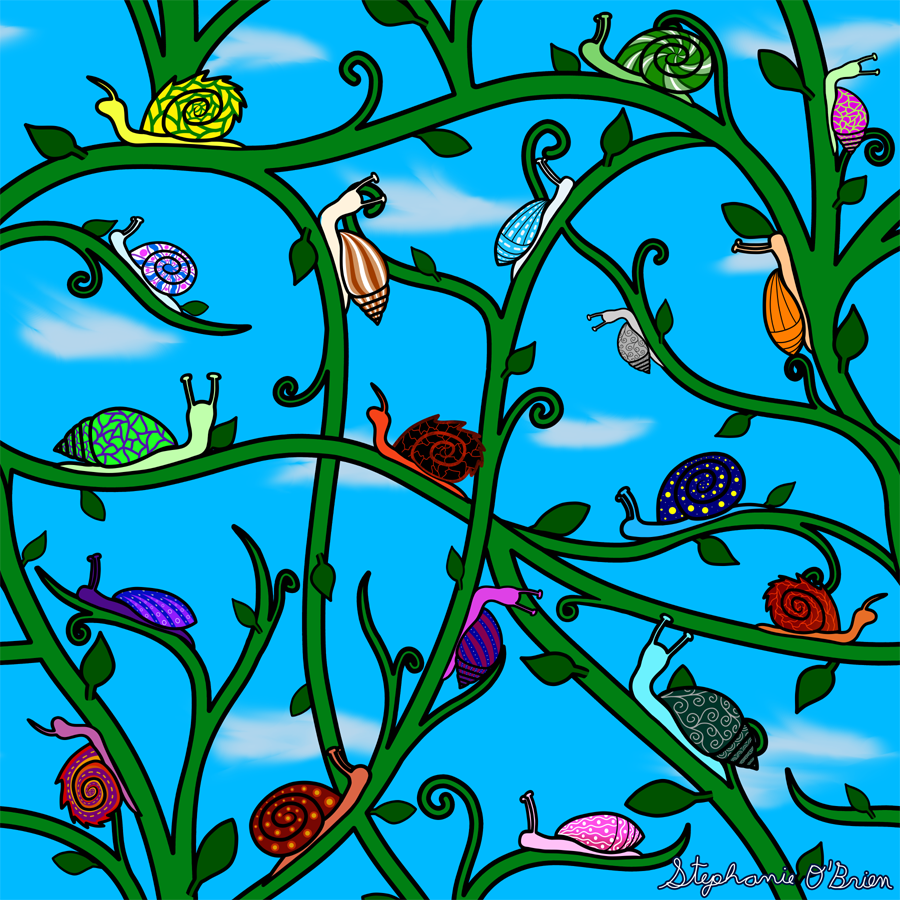 A colorful assortment of snails crawling along leafy vines, with a lightly clouded blue sky in the background.