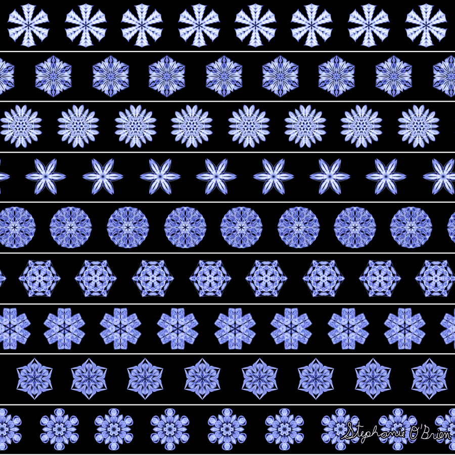 Rows of blue-white snowflakes on a black background.