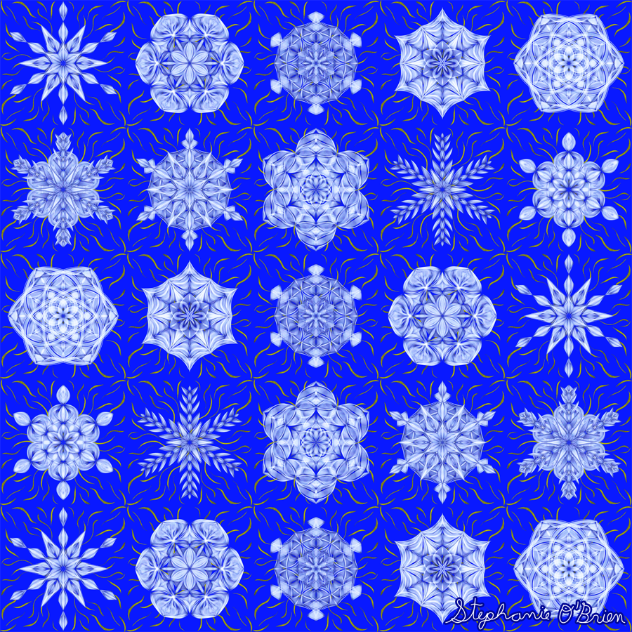 Rows of white snowflakes on a gold-laced sky-blue background.