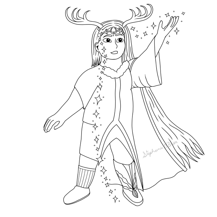 Lineart of a girl casting a spell that sends a vertical line of sparkles across her body. On the left side of the sparkles, she’s wearing short hair, a T-shirt, shorts, socks, and a laceless shoe. On the right side, she has long hair, antlers, a cape, a fancy boot, and a winter coat with a long, loose-hanging sleeve.