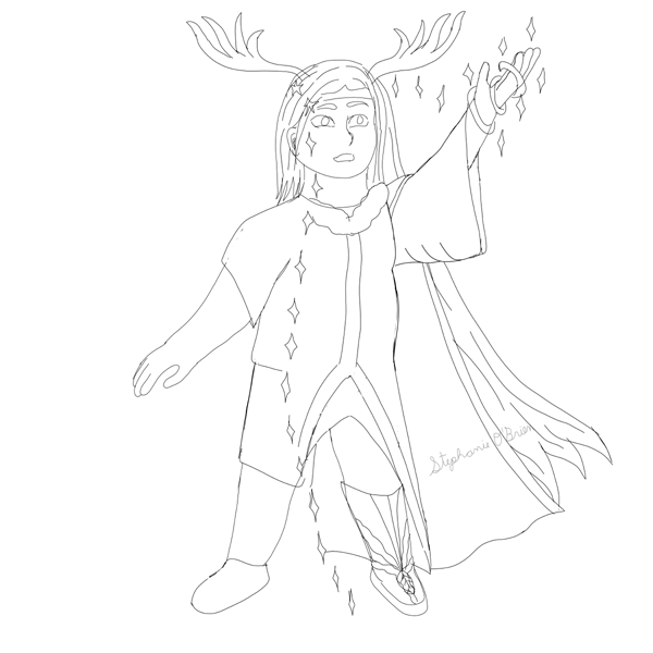A rough sketch of a girl casting a spell that sends a vertical line of sparkles across her body. On the left side of the sparkles, she’s wearing short hair, a T-shirt, shorts, socks, and a laceless shoe. On the right side, she has long hair, antlers, a cape, a fancy boot, and a winter coat with a long, loose-hanging sleeve.