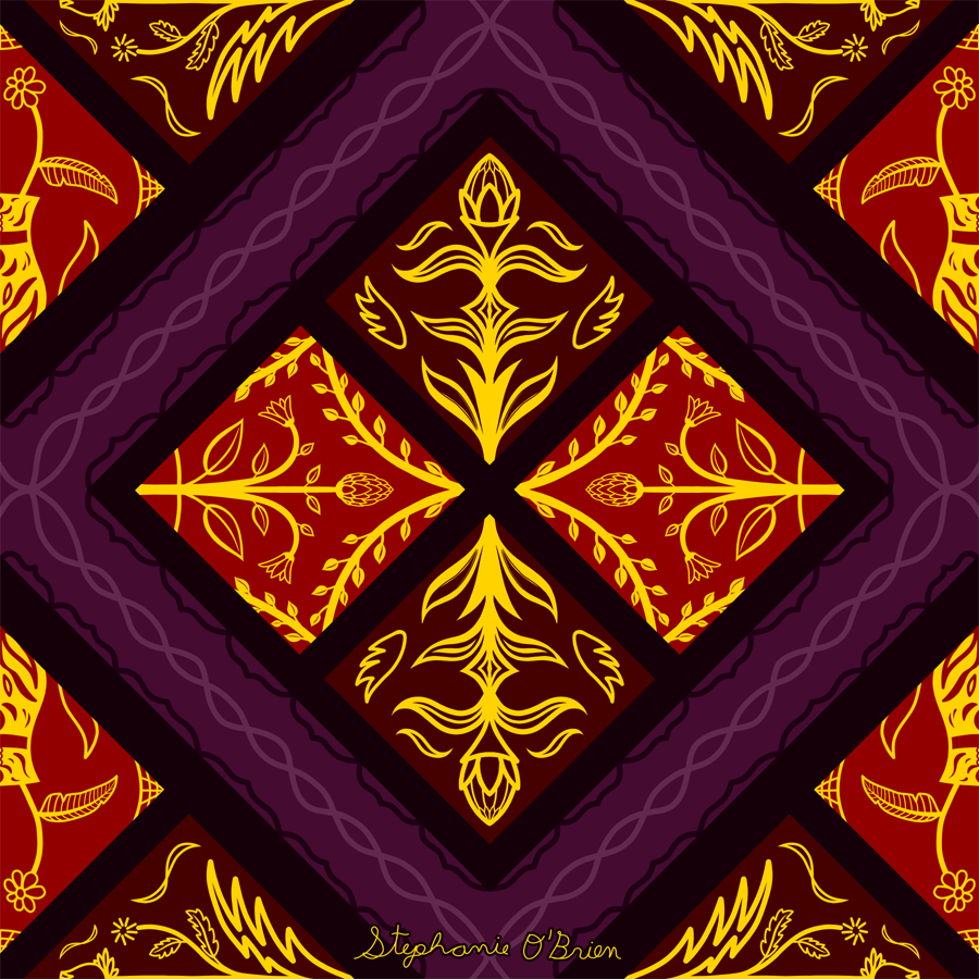 A diamond-shaped floral tile pattern in red, gold and purple.