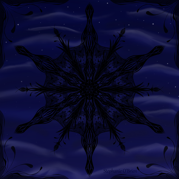 A detailed black snowflake in a cloudy, starry sky.