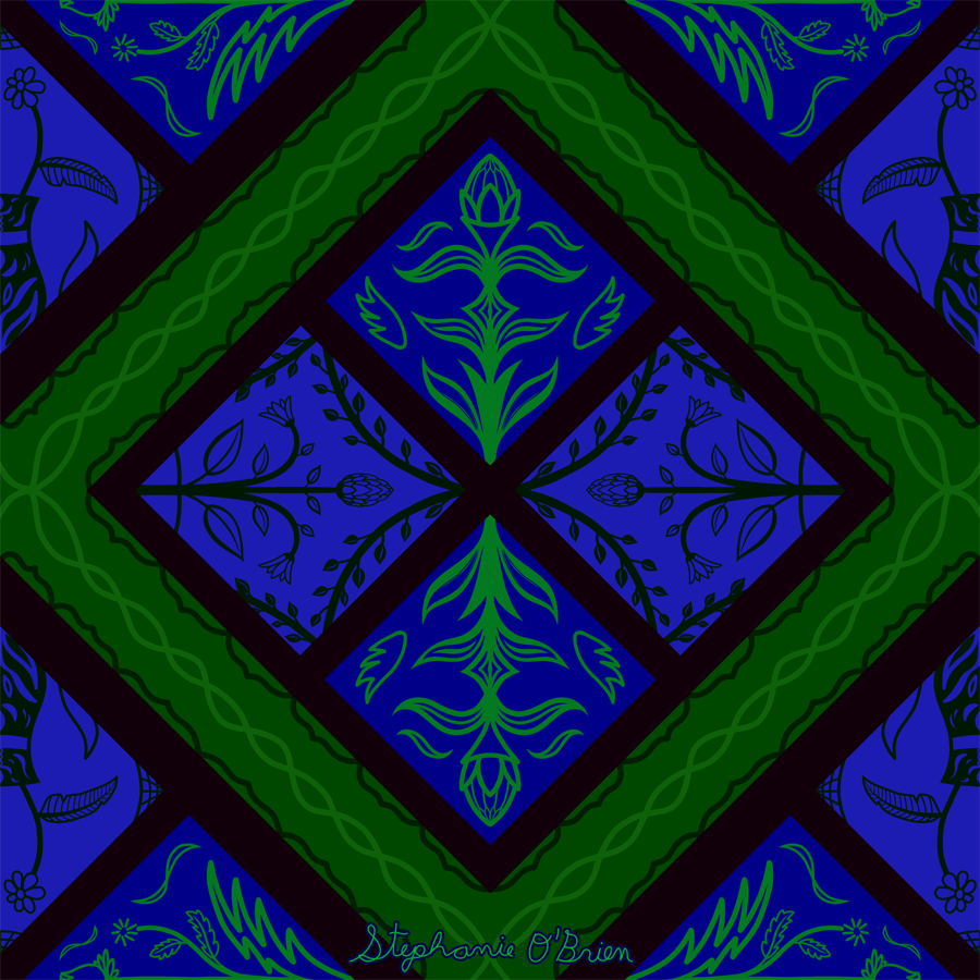 A diamond-shaped floral tile pattern in green and blue.