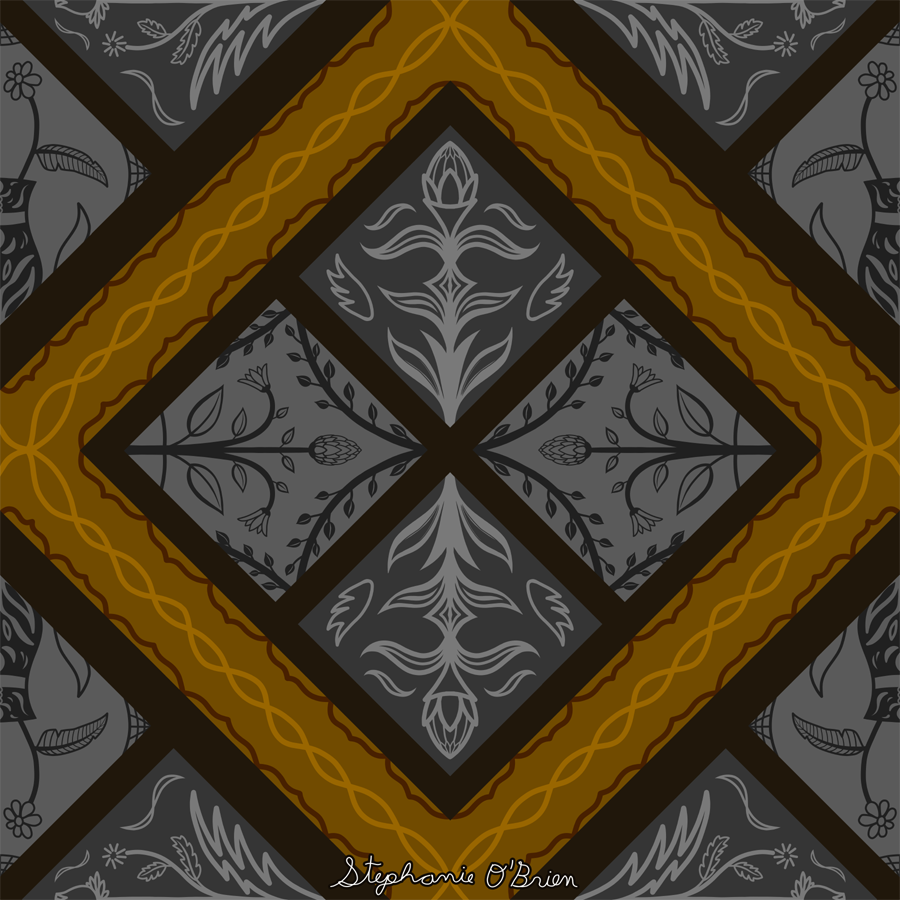 A diamond-shaped floral tile pattern in grey and gold.