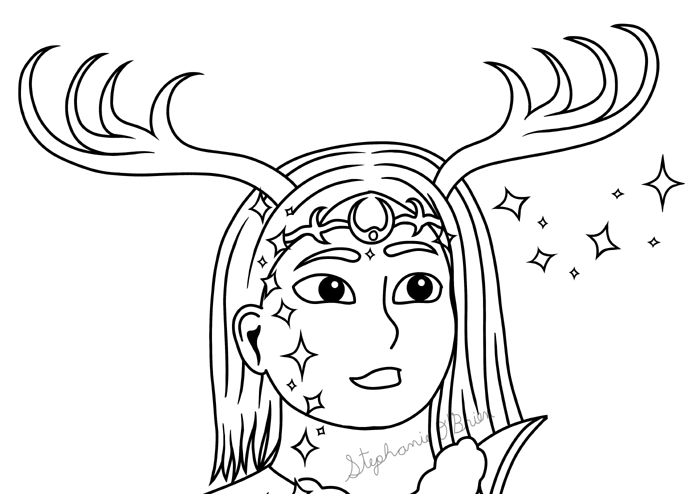 Lineart of a girl with short hair in front of a sunny sky. She’s casting a spell that’s transformed one side of her into an antlered, long-haired fae standing amid a night sky.