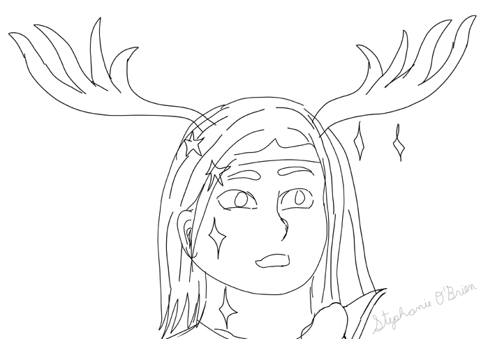 A rough sketch of a girl with short hair in front of a sunny sky. She’s casting a spell that’s transformed one side of her into an antlered, long-haired fae standing amid a night sky.