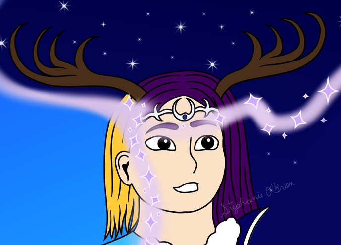 A blonde girl in front of a sunny sky. She’s casting a spell that’s transformed one side of her into an antlered, purple-haired fae standing amid a night sky.