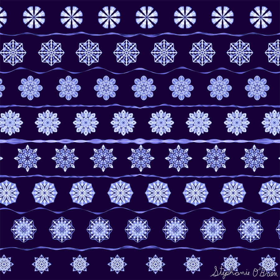 Rows of blue-white snowflakes on a dark violet background.