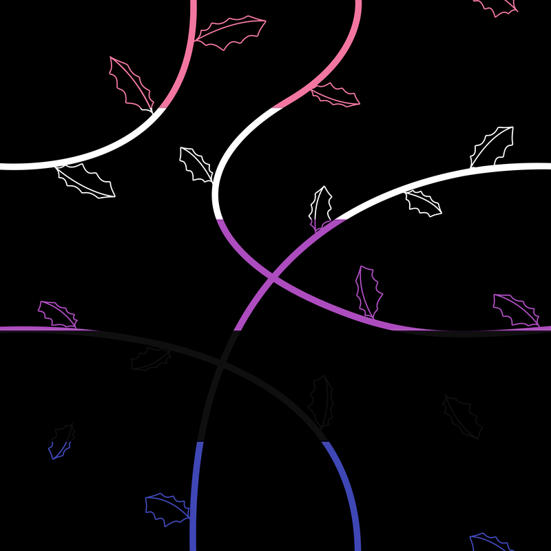 A black background covered with vines and jagged leaves in the colors of the genderfluid flag