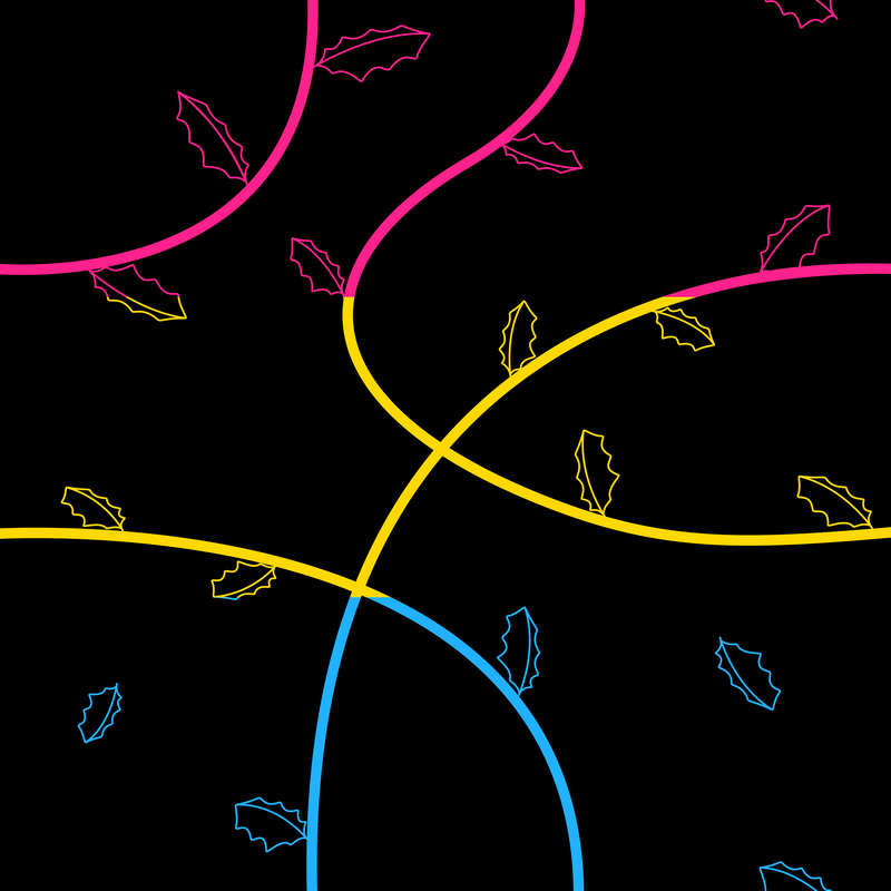 A black background covered in vines and jagged leaves in the colors of the pansexual flag.