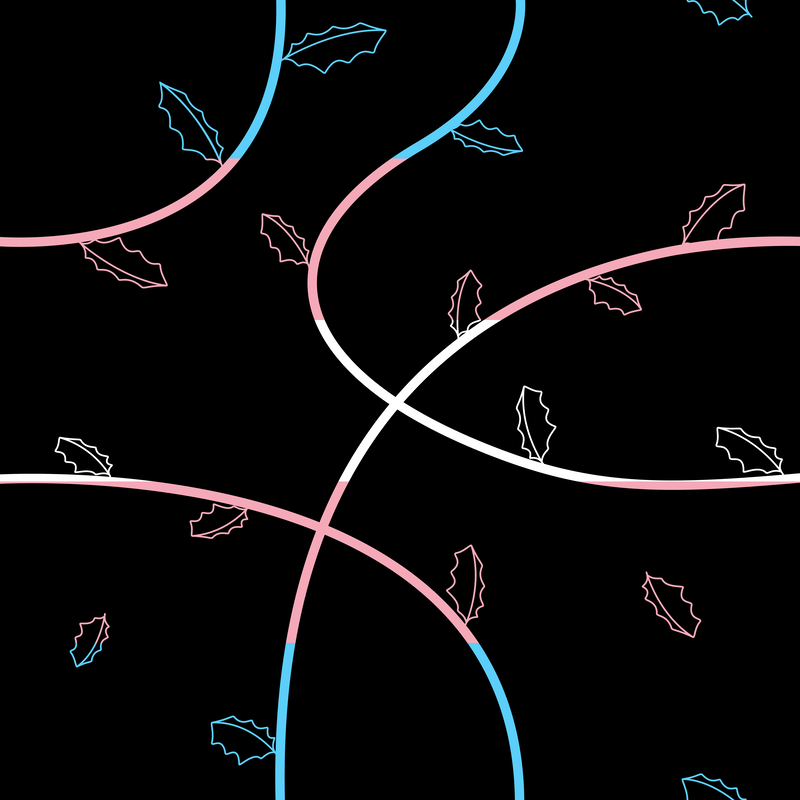 A black background covered with vines and jagged leaves in the colors of the transgender flag