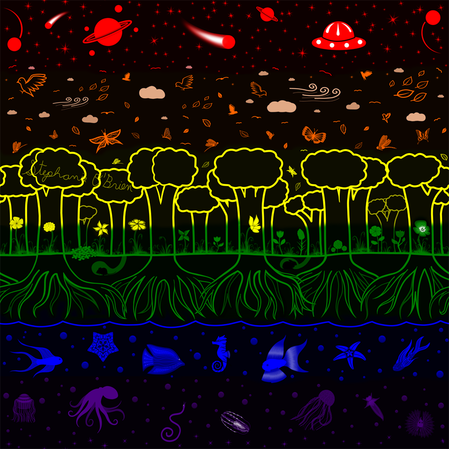 An assortment of plants, animals, and celestial bodies, in the colors of the LGBTQ flag.