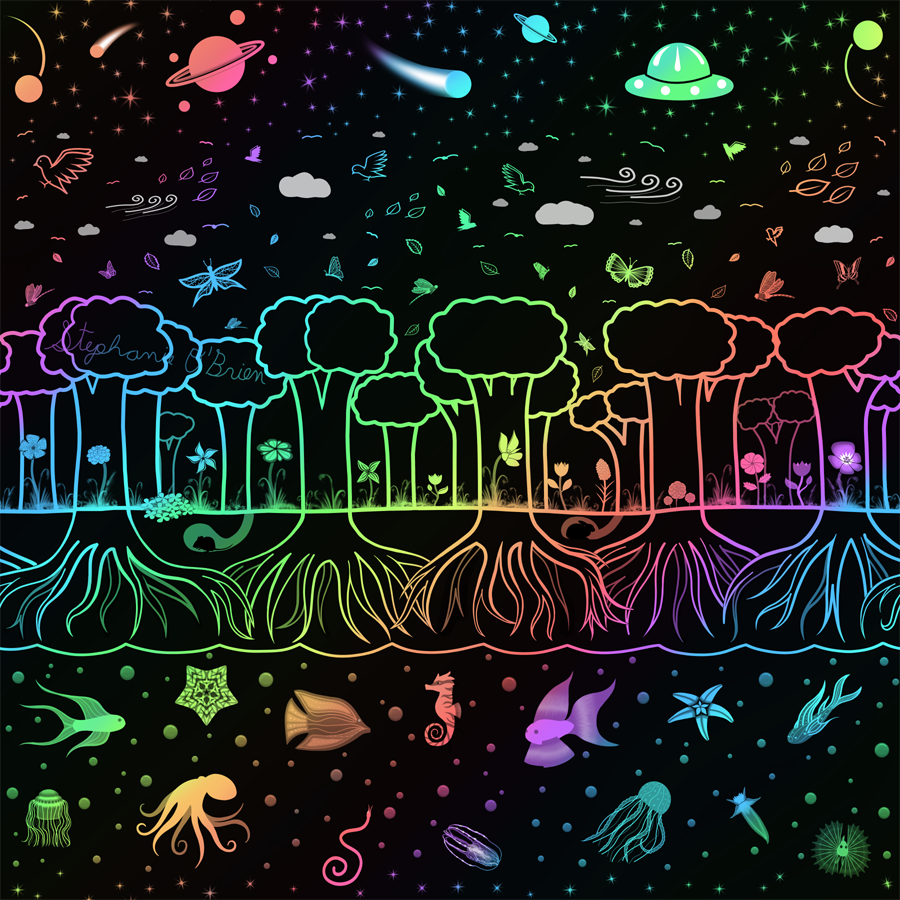 A black background with a pastel array of plants, animals and celestial bodies